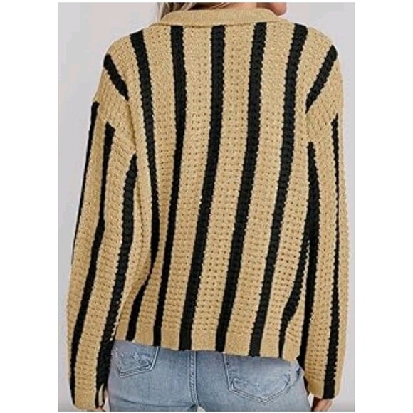Women’s Striped Crochet Button Collared Cardigan Tan Black Mesh Lightweight, New - Picture 3 of 9